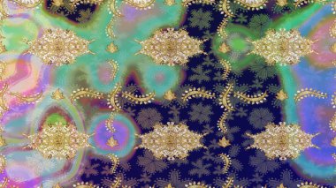 Damask eskiz süsü. Klasik oryantal desen mavi renkten üstündür. Geleneksel raster ve altın desen.