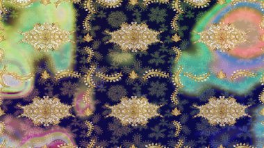 Doğu tarzı element. Gri renklerdeki altın element. Tasarım şablonu için çizgi çizimi sınırı. Davetiyeler, kartlar, web sayfası için Raster illüstrasyon. Altın çizgili çiçek dekoru.