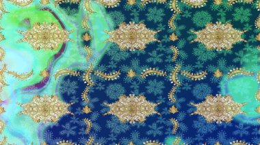 Mavi renklerdeki altın element. Barok tarzında altın çiçekli süs. Antika altın tekrarlanabilir duvar kağıdı. Şam çizimi tekrarlanan desen.