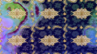 2019 Noel 'i, kar tanesi, yeni yıl. Altın elementli mavi renkte klasik eskiz deseni.