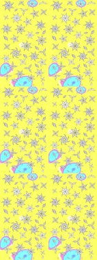 Moda baskıları için zarif bir şablon. Parlak renkli çiçekleri ve sarı ve beyaz yaprakları olan harika bir çiçek deseni. Halk tarzı. Modern çiçek arkaplanı.