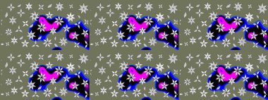 Çok yeşil zarif küçük çiçekler ve yeşil renkli komik böcekler, raster desen, illüstrasyon.