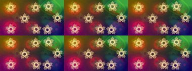 Raster illüstrasyonu. Noel stili. Kahverengi, yeşil ve mor renkli kar taneleri.