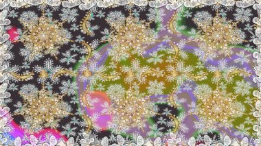 Altın antika ortaçağ dekoratifi, yapraklar ve gri renkli altın desenli süslemeleri olan pürüzsüz bir şablon. Kusursuz kraliyet lüksü, altın barok kumaş rengi..