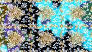 Altın elementlerle nötr renklerde altın desen. Barok tarzında kusursuz bir doğulu süsü. Geleneksel klasik altın desen. Raster doğulu süsü.