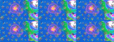 Mavi ve yeşil renkli çiçekler. Çiçekli eskiz deseni. El çizimi. Suluboya çizimi.