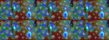 Raster Floral Illustration, Asyalı tekstil. Mavi renkli etnik çiçeklerle zarif eskiz deseni.