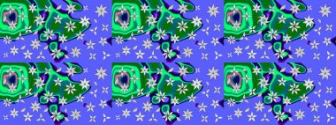 Mavi ve yeşil renkli çiçekler. Raster illüstrasyonu. Çiçek desenli eskiz, vuruşlar, sıçramalar, yaz çiçekleri..