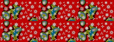 Çiçek desenli çizim. Renkli Bahar Teması eskiz kalıbı. Raster illüstrasyonu. Asya tekstil tarzında. Kırmızı renkte çiçekler. Düz Çiçek Elementleri Tasarımı.