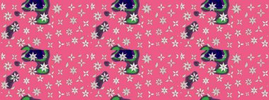 Kumaş, tekstil, duvar kağıdı baskısı için. Eskiz geçmişi. Renkli desenli eskiz deseni, pembe çiçekler ve dekoratif elementlerle. Eski usul. Raster illüstrasyonu.