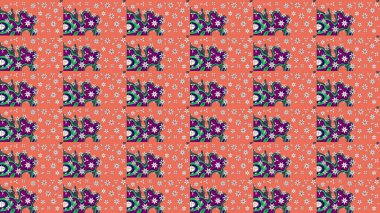 Çocuksu tasarım. Elle çizilmiş çiçek desenli Raster çizimi. Tekstil, kumaş, ambalaj, hatıra defteri için hoş bir çiçek arkaplanı. Turuncu arkaplanda.
