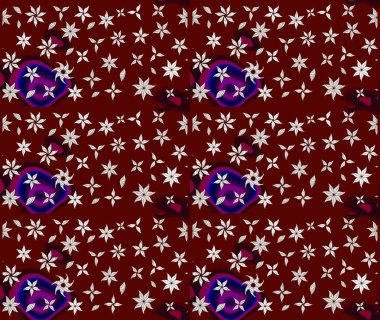 Raster illüstrasyonu. Şirin çiçekli eskiz deseni ve kırmızı renklerde yapraklar, suluboya çiçek deseni, duvar kağıdı, kart veya kumaş için fayanslı.