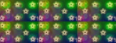 Raster illüstrasyonu. Noel yeşili, mavi ve kahverengiler. Sihirli yeşil, mavi ve kahverengi tatil soyut arka plan yıldız ve düşen kar taneleri.