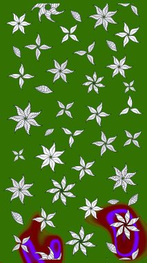 El çizimi. Çiçekli eskiz deseni. Yeşil renkli çiçekler. Suluboya çizimi.