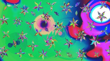 Raster illüstrasyonu. Şirin çiçekli eskiz deseni ve yeşil renkli yapraklar, suluboya çiçek deseni, duvar kağıdı, kart veya kumaş için fayanslı.