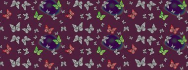 Paketleme, kağıt ve kumaş için uygun. Kelebekli renkli folklor deseni. Kahverengi arka planda renkli kelebekler.