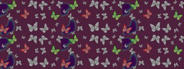 Eskiz kalıbı arka planı. Raster illüstrasyonu. Basit bir şekilde. Kahverengi renkte soyut sevimli kelebek.