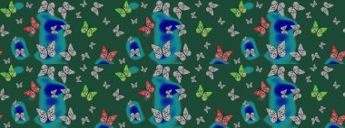 Yeşil renkli illüstrasyon. Kıyafetler, erkekler, kızlar ve duvar kağıtları için soyut çizim kalıbı. Kelebekli Raster. Raster..