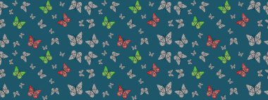 Elle çizilmiş illüstrasyon. Bahar ve yaz tasarımı için renkli bir arkaplan. Kelebekli çizim şekli. Raster renklendirilmiş sonsuz doku.
