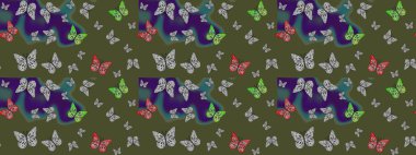 Çizim kalıbı. Raster illüstrasyonu. Renkli kelebekler. Web sayfası arkaplanları, duvar kağıtları, tekstil, yüzey dokuları için mükemmel.