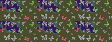 Çizim kalıbı. Raster illüstrasyonu. Renkli kelebekler. Web sayfası arkaplanları, duvar kağıtları, tekstil, yüzey dokuları için mükemmel.