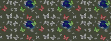 Raster illüstrasyonu. Giysi tasarımı için dekor arka planı. Yeşil kelebek deseni. Parmak izi dokuları için sevimli kelebek çizim deseni.