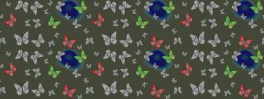 Raster illüstrasyonu. Giysi tasarımı için dekor arka planı. Yeşil kelebek deseni. Parmak izi dokuları için sevimli kelebek çizim deseni.