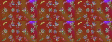 Raster illüstrasyonu. Kristal kar taneleri kahverengi, kırmızı ve yeşil renklerde.