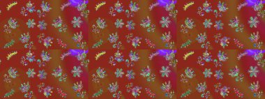 Raster illüstrasyonu. Kristal kar taneleri kahverengi, kırmızı ve yeşil renklerde.