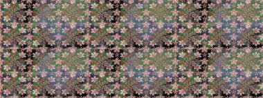 Şablon, pürüzsüz, çiçekli kenar. Eski moda arka plan. Çiçek çelengi. Kıvırcık, parlak örgü. Güzel, parlak, pürüzsüz kumaş, tuval. Raster illüstrasyonu.