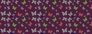 Raster illüstrasyonu. Kumaş, kağıt, ambalaj kâğıdı ve duvar kağıdı tasarımı için harika bir arka plan. Kahverengi kelebekler. Egzotik hayvanlar.