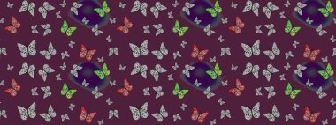 Paketleme, kağıt ve kumaş için uygun. Kelebekli renkli folklor deseni. Kahverengi arka planda renkli kelebekler.