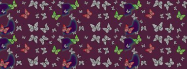 Eskiz kalıbı arka planı. Raster illüstrasyonu. Basit bir şekilde. Kahverengi renkte soyut sevimli kelebek.