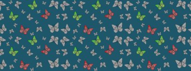 Elle çizilmiş illüstrasyon. Bahar ve yaz tasarımı için renkli bir arkaplan. Kelebekli çizim şekli. Raster renklendirilmiş sonsuz doku.