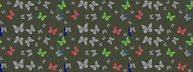 Kumaş, tekstil, baskı ve davetiye için arka plan. Yeşil renkte güzel renkli kelebekler. Çizim kalıbı. Raster illüstrasyonu.