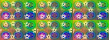 Kar tanesi raster deseni. Raster illüstrasyonu. Yeşil, mavi ve sarı renkli kar taneleri. Renkli arka planda izole tatlı kar taneleri.