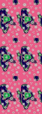 Modern çiçek arkaplanı. Moda baskıları için zarif bir şablon. Parlak renkli çiçekleri ve pembe renkli yaprakları olan harika bir çiçek deseni. Halk stili.