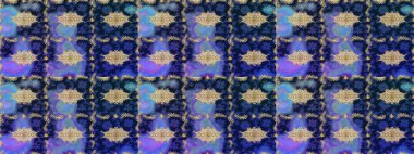 Altın karalama fantezi yapraklarından ve mavi renkli çiçeklerden Raster soyut çiçek çelengi. El yapımı dekoratif çerçeve, albüm kapağı, tebrik kartı, klasik Art deco tarzı.