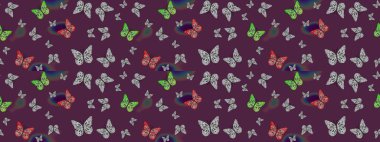 Raster illüstrasyonu. Çizim kalıbı. El çizimi kelebekli moda raster yaz deseni. Kağıt, kumaş, ambalaj kağıdı ve duvar kağıdı tasarımı için sevimli bir arkaplan.