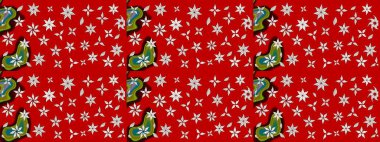 Çiçeksel çizim kalıbının yansıması. Vadinin çiçekleri kırmızı ve nötr renklerde.