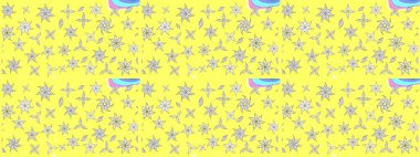 Renkli Bahar Teması eskiz kalıbı. Sarı ve beyaz renkte çiçekler. Düz Çiçek Elementleri Tasarımı. Çiçek desenli çizim. Asya tekstil tarzında. Raster illüstrasyonu.