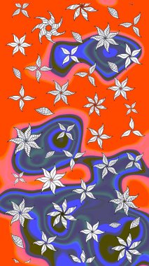 Raster illüstrasyonu. Raster illüstrasyonu. Turuncu ve mavi renkli çiçekler. Asya tekstil tarzında. Çiçek desenini çiz.