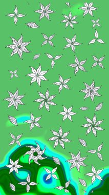 Raster illüstrasyonu. Yeşil ve beyaz renkli çiçekler. Çizim çiçek deseni duvar kağıdı için kullanılabilir.