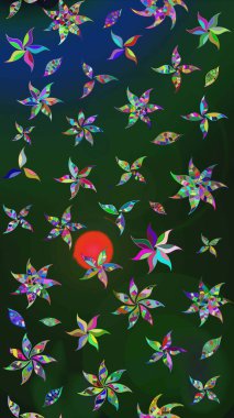 Renkli Yaz Temalı eskiz kalıbı. Düz Çiçek Elementleri Tasarımı. Mavi ve yeşil renkli çiçekler. Raster illüstrasyonunda çiçek deseni çizimi.