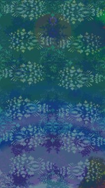 Çiçekli ipek eşarp. El çizimi çiçek unsurları olan soyut çizim raster deseni. Mavi ve yeşile mavi ve yeşil. 1950-1960 motifleri. Retro tekstil tasarım koleksiyonu.