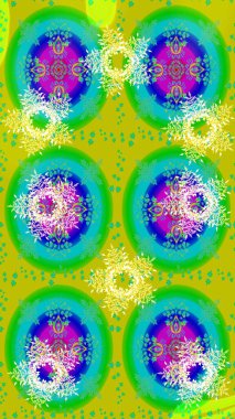 Düz Çiçek Elementleri Tasarım Raster illüstrasyonu. Yeşil, sarı ve mavi renkte çiçekler. Renkli bahar temalı eskiz kalıbı. Çiçekli çiçek deseni, suluboya..