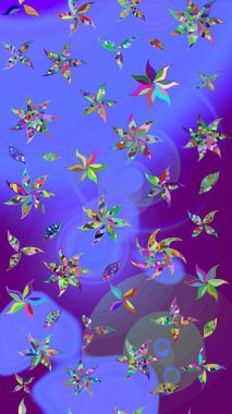 3D çiçekler, eskiz. Mor ve mavi renklerde. Raster illüstrasyonu.