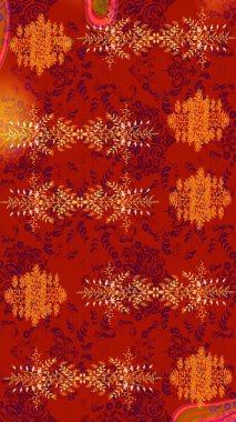 Tekstil tasarımı için kırmızı, turuncu ve mor renkli geleneksel halk çiçekleri buketi. Üzerinde gelincikler ve vadi zambakları olan renkli çiçek desenli nakış..