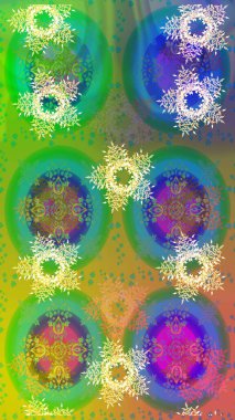 Yeşil, mavi ve sarı kar taneleri. Noel ve yeni yıl moda baskıları için tatil tasarımı. Kar tanelerinin soyut arkaplanı olan şirin bir Noel arkaplanı. Renkler. Raster illüstrasyonu.