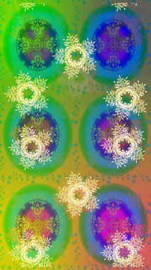 Güzel kar tanesi. Yuvarlak raster kar tanesi. Soyut kış yeşili, mavi ve sarı süs. Raster illüstrasyonu. Renkli arka planda izole tatlı kar taneleri.